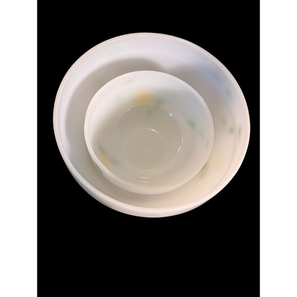 Vintage Fire King White Milk Glass Yellow Painted Green Yellow Set Of 2 Bowls - Picture 2 of 9